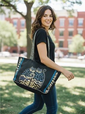 Laurel Burch Spotted Cat featuring 2 stylized Cats with blue polka dots